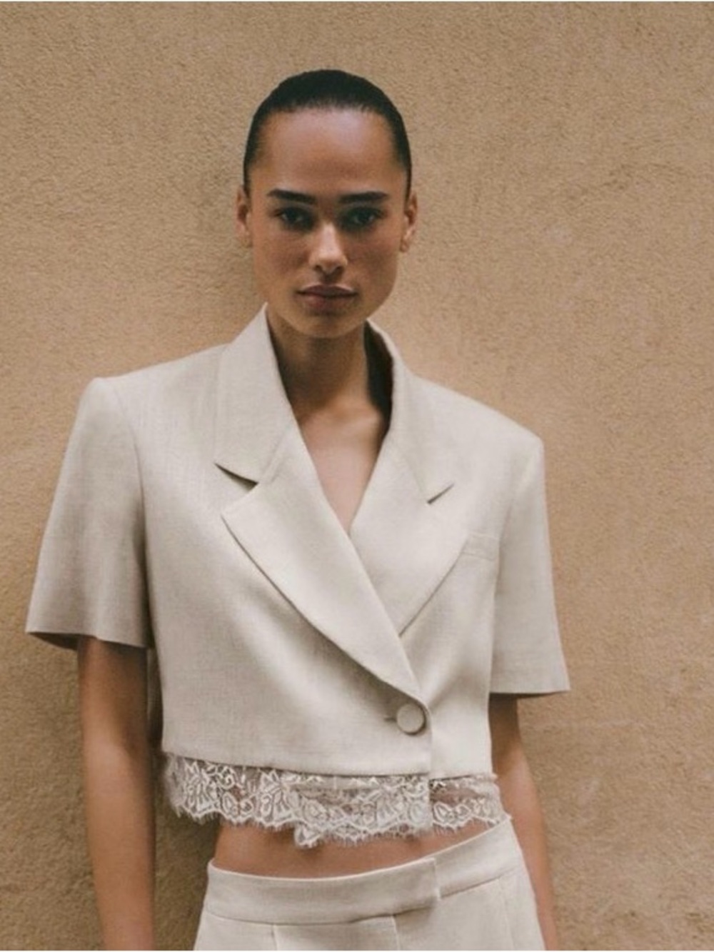 Lace-Hem Short Sleeve Blazer Jacket - Cream